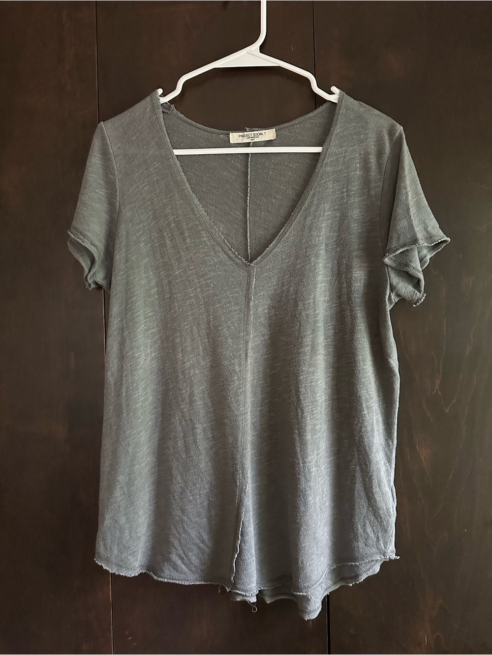 Project Social T Gray Raw Hem V-Neck Short Sleeve Tee